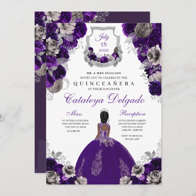 Purple & Silver Floral Elegant Quinceañera Invitation (Front/Back)