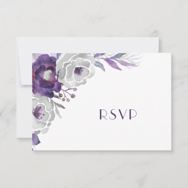 Purple Silver Floral | entree + guests invited RSVP Card (Front)