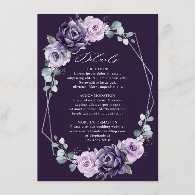 Purple Silver Floral Geometric Wedding Details  En Enclosure Card (Front)