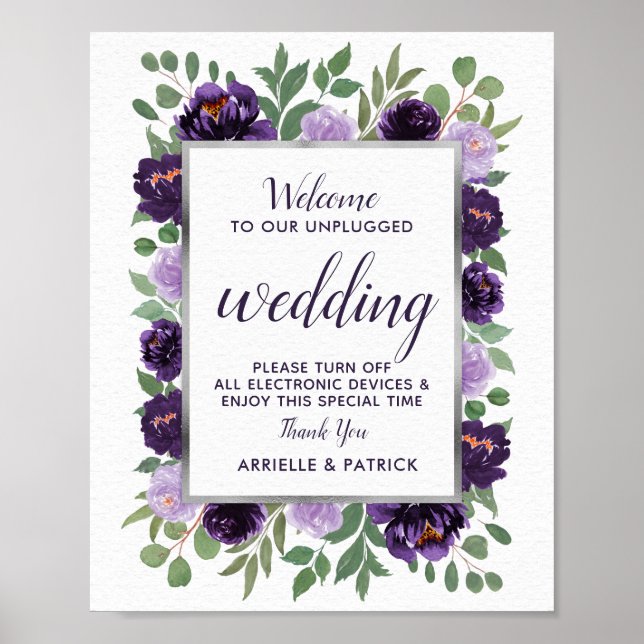 Purple Silver Floral Green Unplugged Wedding Sign (Front)
