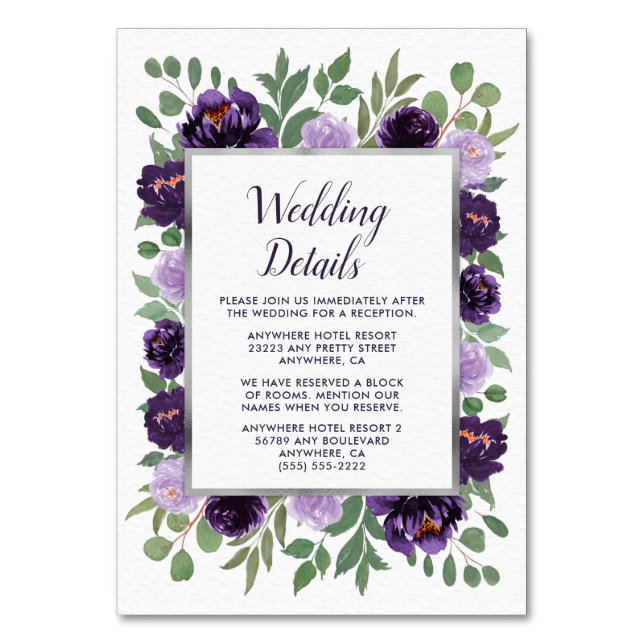 Purple Silver Floral Green Wedding Enclosure Cards (Front)