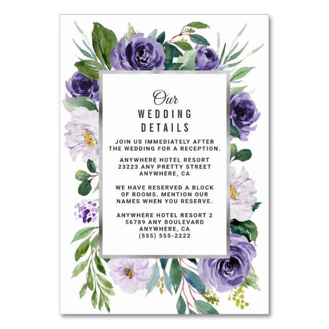 Purple Silver Floral Lilac Wedding Enclosure Cards (Front)