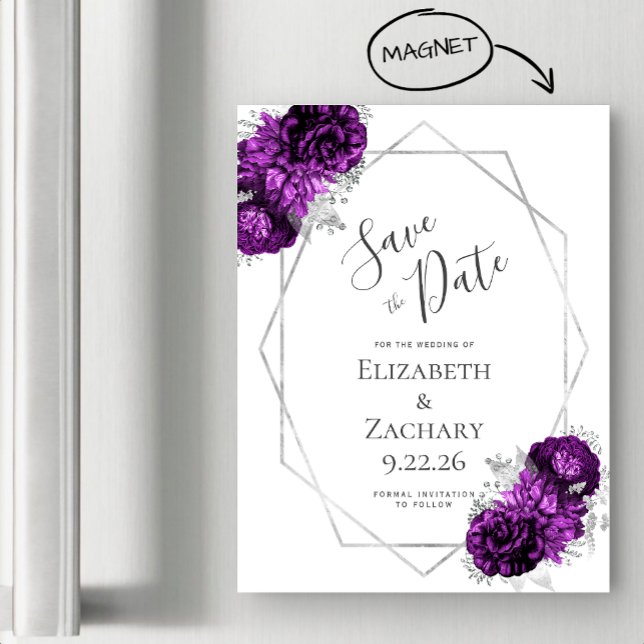 Purple Silver Floral Magnetic Save the Date (Creator Uploaded)