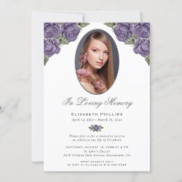Purple Silver Floral Photo Memorial Funeral Invitation