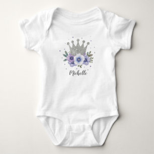 Purple Silver Floral Princess Crown Personalised Baby Bodysuit