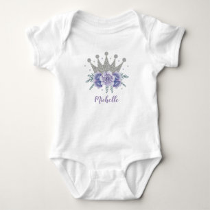 Purple Silver Floral Princess Crown Personalised Baby Bodysuit