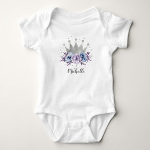 Purple Silver Floral Princess Crown Personalised Baby Bodysuit