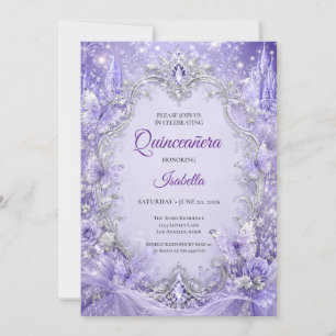 Purple Silver Floral Princess Quinceañera Invitation