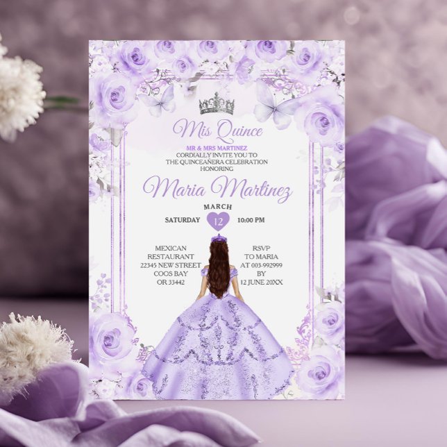 Purple & Silver Floral Princess Quiñceanera Invitation (Creator Uploaded)