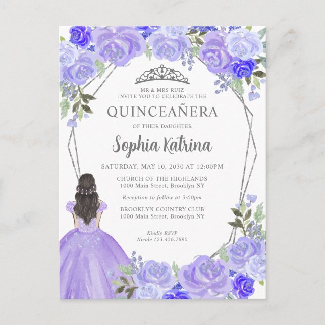 Purple Silver Floral Princess Tiara Quinceañera Postcard (Front)