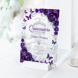 Purple Silver Floral Quinceanera Acrylic Invitations