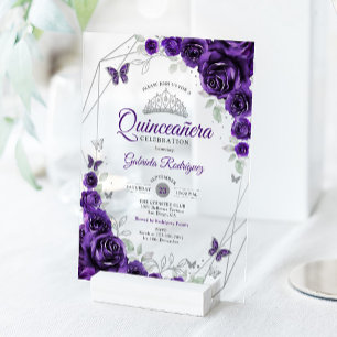 Purple Silver Floral Quinceanera Acrylic Invitations