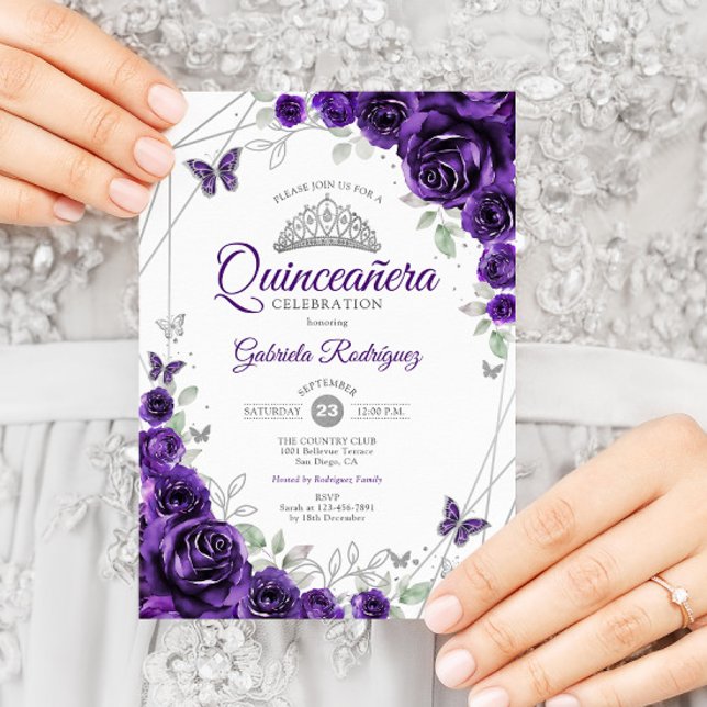 Purple Silver Floral Quinceanera Invitation (Creator Uploaded)