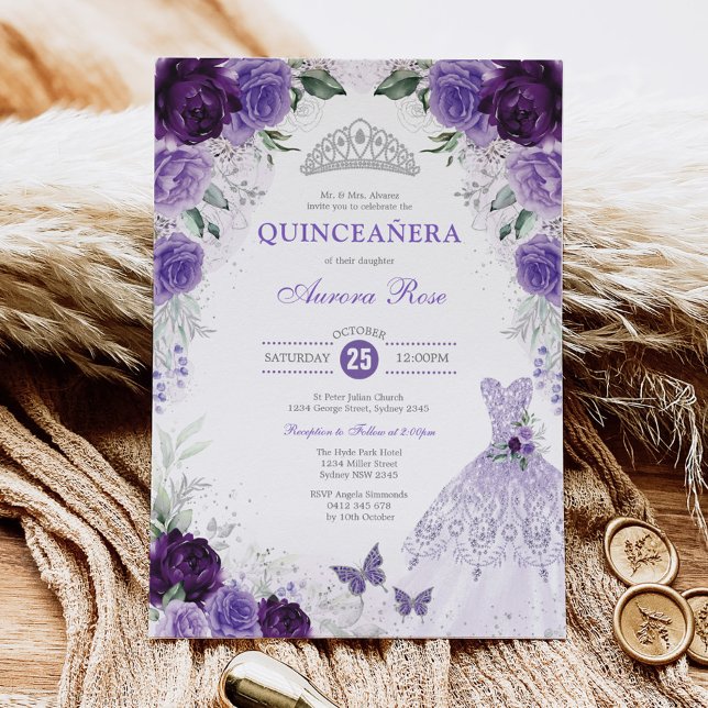 Purple Silver Floral Quinceañera Mis Quince Anos Invitation (Creator Uploaded)
