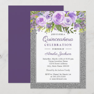 Purple Silver Floral Rose Quinceanera Invitation