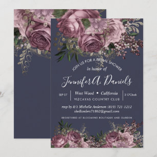 Purple Silver Floral Roses Bridal Shower Invitation