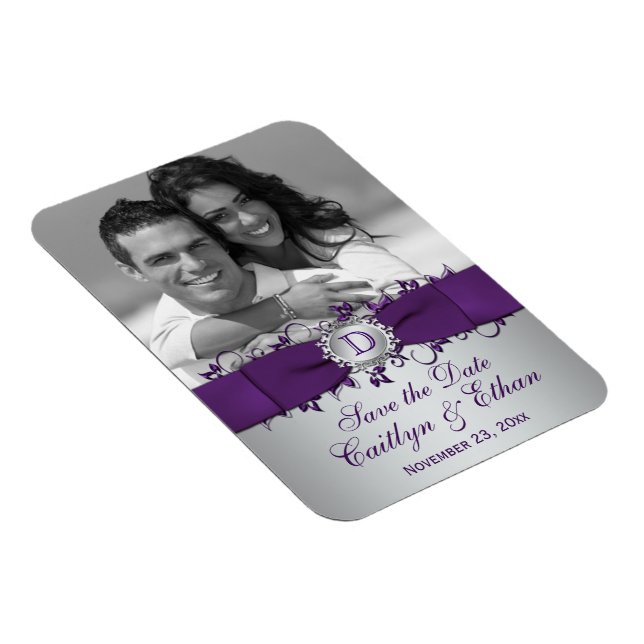 Purple, Silver Floral Save the Date Photo Magnet (Right Side)
