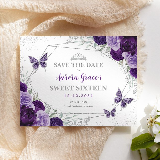 Purple Silver Floral Sweet Sixteen Save the Date Announcement (Creator Uploaded)