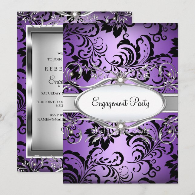 Purple Silver Floral Swirl Engagement Party Invite (Front/Back)