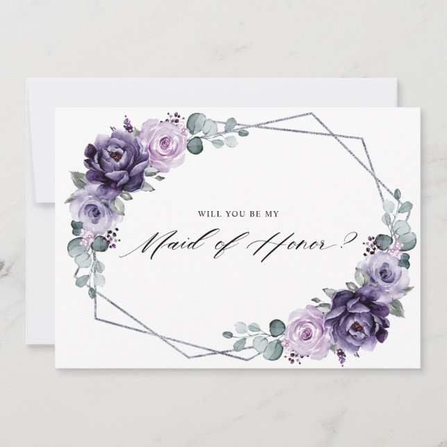 Purple Silver Floral Will you be my Maid of honour Invitation (Front)