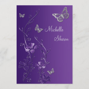 Purple Silver Floral with Buttterflies Bat Mitzvah Invitation