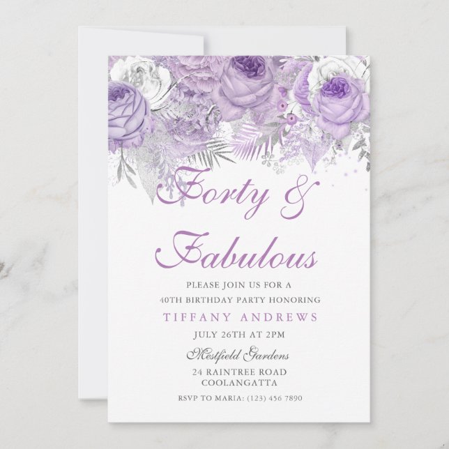 Purple Silver Forty & Fabulous 40th Birthday Invitation (Front)