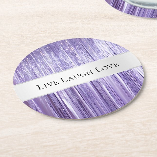 Purple Silver Glam Tinsel Stripes  Round Paper Coaster (Angled)