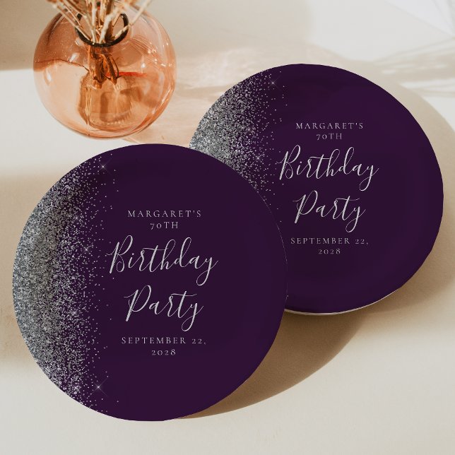 Purple Silver Glitter 70th Birthday Paper Plate (Creator Uploaded)