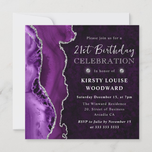 Purple & Silver Glitter Agate 21st Birthday Invitation (Front)