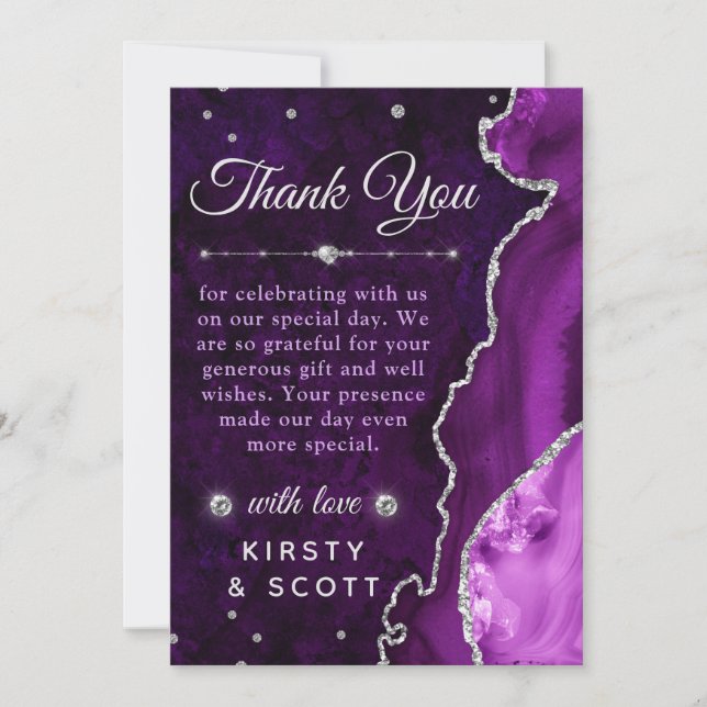 Purple & Silver Glitter Agate and marble Wedding Thank You Card (Front)