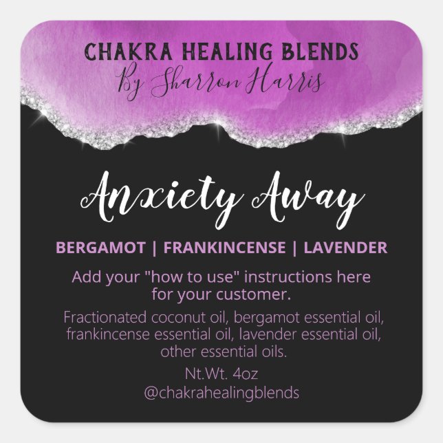 Purple Silver Glitter Agate Anxiety Blend Labels (Front)