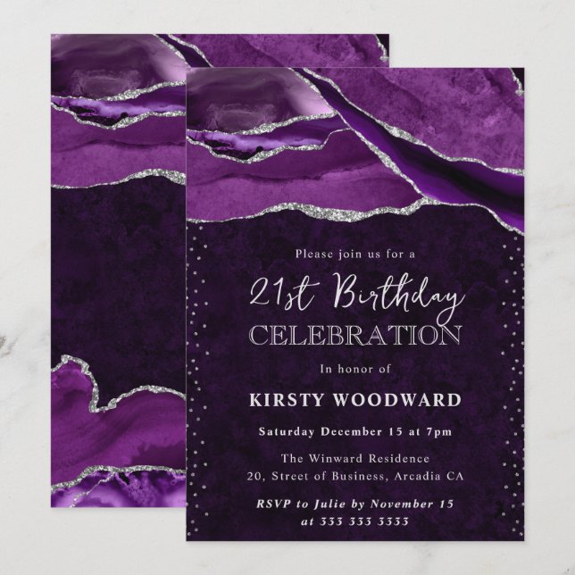Purple Silver Glitter Agate Marble Birthday Invitation (Front/Back)