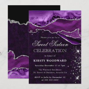 Purple Silver Glitter Agate Marble Sweet Sixteen Invitation