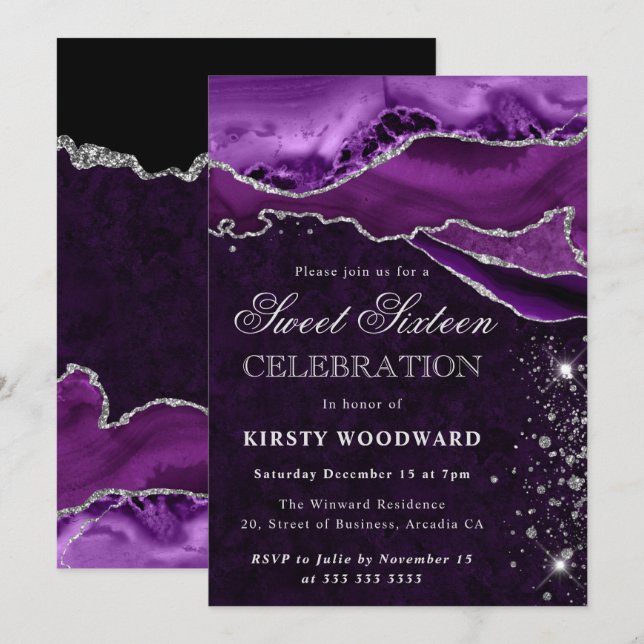 Purple Silver Glitter Agate Marble Sweet Sixteen Invitation (Front/Back)