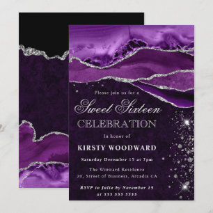 Purple Silver Glitter Agate Marble Sweet Sixteen Invitation