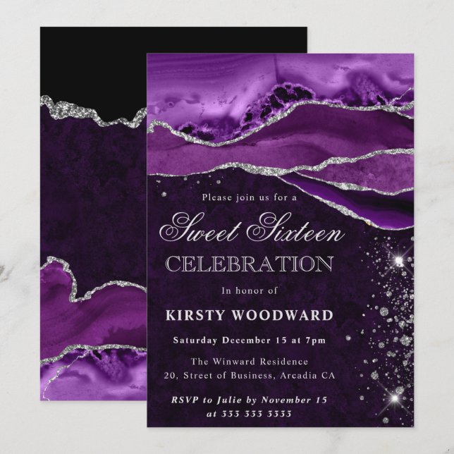 Purple Silver Glitter Agate Marble Sweet Sixteen Invitation (Front/Back)