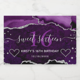 Purple Silver Glitter Agate Marble Sweet Sixteen Sparkling Wine Label