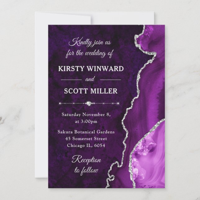Purple Silver Glitter Agate Marble Wedding Invitation (Front)
