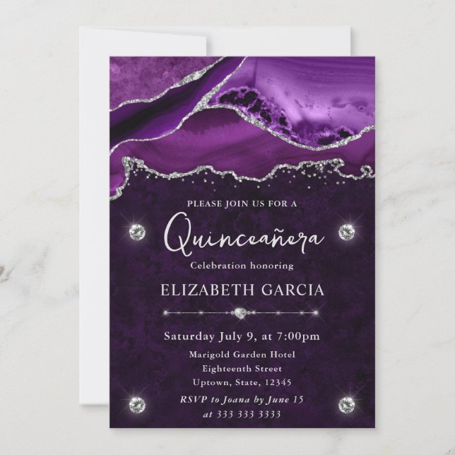 Purple & Silver Glitter Agate Quinceanera Invitation (Front)