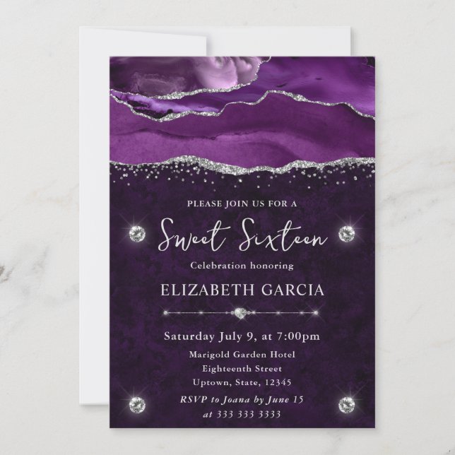 Purple & Silver  Glitter Agate Sweet 16 Invitation (Front)
