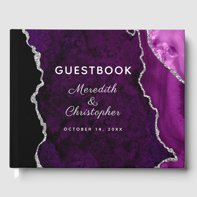 Purple Silver Glitter Agate Wedding Guest Book (Front)