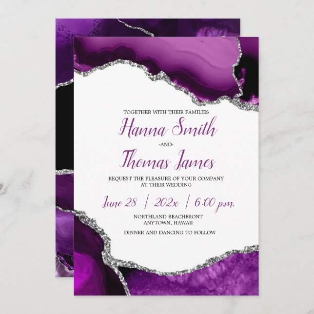 Purple Silver Glitter Agate Wedding Invitation (Front/Back)