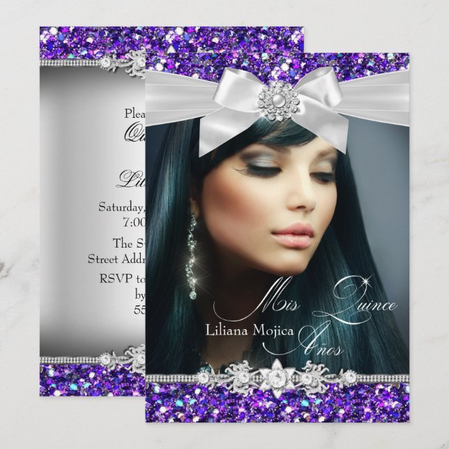 Purple Silver Glitter Bow Photo Quinceanera Invite (Front/Back)