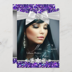 Purple Silver Glitter Bow Photo Quinceanera Invite