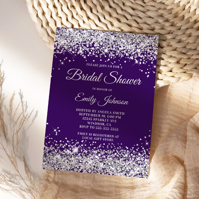 Purple Silver Glitter Bridal Shower Fancy Script Invitation (Modern purple and faux silver glitter bridal shower invite.)