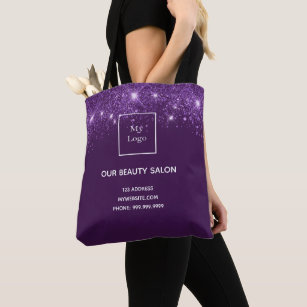 Purple silver glitter business logo beauty salon tote bag