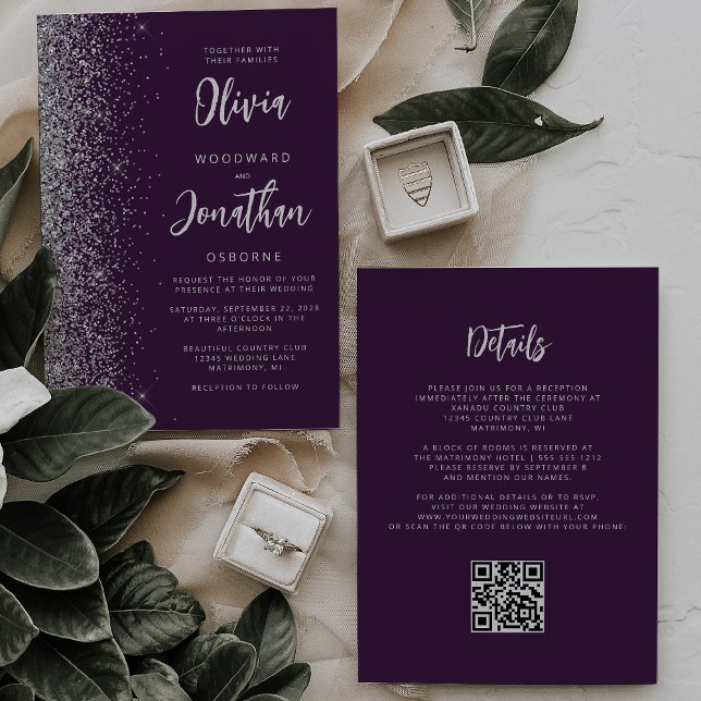 Purple Silver Glitter Calligraphy QR Code Wedding Invitation (Creator Uploaded)