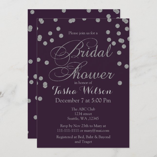 Purple Silver Glitter Confetti Bridal Shower Invitation (Front/Back)