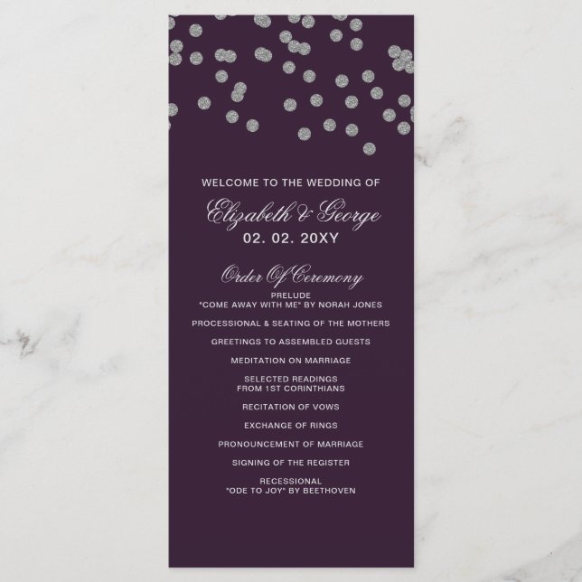 Purple Silver Glitter Confetti Elegant Wedding Program (Front)