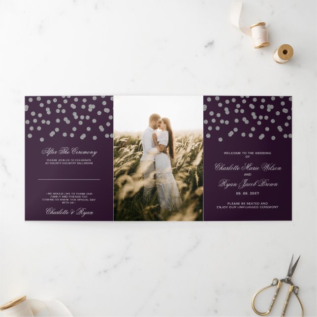 Purple Silver Glitter Confetti Photo Wedding Tri-Fold Programme (Outside)